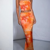 Resim 2 adet Omuzdan Çıkarılabilir Çiçekli İki Parça Takım - Kolsuz Crop Top & Yüksek Bel Etek ile Canlı Turuncu ve Sarı Çiçek Baskısı, Bahar ve Yaz için Mükemmel, Plaj Kıyafeti | Çiçek Baskısı | Kolsuz Üst, Plaj Kıyafetleri 
