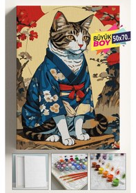 Resim Sayılarla Boyama Seti Numaralı Tuval Fırça Boya Dahil Kasnaklı Set 50x70 Cm - Japon Kedi 