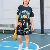 Resim Çocuklar için Moda 3D Baskı, Mosaic Futbol Yapı Taşları No. 7 Dijital Baskı, Rahat Kazak Kısa Kollu Şort T-Shirt, Dış Mekan T-Shirt Şort Seti, Dış Mekan için 