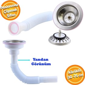 Resim Badem10 Lüks Çöpmak Körüklü Evye Lavabo Sifonu Gider Borusu Akordiyon Plastik Geniş Kafa Paslanmaz 30 -75 cm 