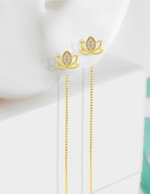 Resim jelux silver Gümüş 925 Ayar Taşlı Lotus Çiçeği Zincirli Gold Küpe 