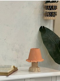 Resim Turuncu Pötikare Desen Kumaş Rattan Ayaklı Kablosuz Gece Masa Lambası 