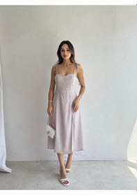 Resim Fiyonk Askılı Yırtmaç Detaylı Puantiyeli Midi Elbise Mavi / Pembe / Vizon / Somon Vizon 