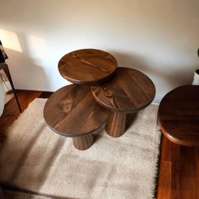 Resim Wood Wooden Ahşap 3lü Set Fitilli Mantar Yan Sehpa Modern Kestane Renk Fiskos 