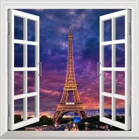 Resim Pencere Poster Duvar Kağıdı Eyfel Kulesi Akşam Yapışkanlı Sticker 