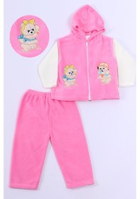 Resim Bebek Polar 3lü Takım Kapşonlu Fermuarlı Nakışlı C23 Pembe 