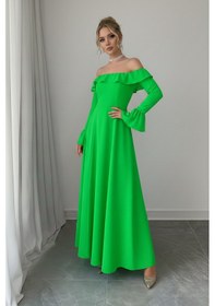 Resim Defymoda Kadın Modern Kesim Fırfır Detaylı Elbise Yeşil 
