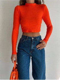 Resim MYD BASIC Turuncu Dik Yaka Fitilli Crop Bluz 