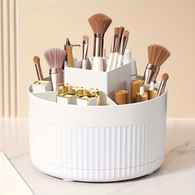 Resim 1 Adet 360 Derece Dönebilen Makyaj Organizatörü - Banyo Vanity'si için Su Geçirmez Plastik Kozmetik Depolama, Çok Bölümlü Tasarım, Kabartmalı Dokusu & Altın Vurguları ile Cilt Bakım Ürünleri ve Fırçalar İçin - Beyaz, Şık Kabartmalı Dokulu, Kompakt Tasarım 