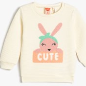 Resim Kız Bebek Sweatshirt Yumuşak Dokulu Peluş Aplike Detaylı Bisiklet Yaka Pamuklu 