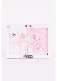 Resim Vavbaby Kapüşonlu Pamuklu Kız Bebek Bornoz Takımı Pembe Kuzulu 