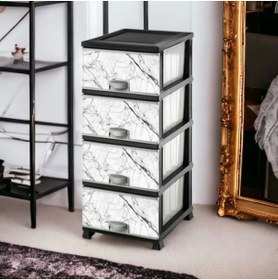 Resim Elif 4 Çekmeceli Plastik Komodin Beyaz Mermer Desen Plastik Komidin Mutfak Dolabı 