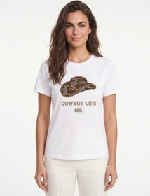 Resim Onloox Kadın Beyaz Beyaz Pamuklu Bisiklet Yaka Rahat Kesim Nakışlı Boncuk İşlemeli Kovboy Şapka Baskılı T-shirt 