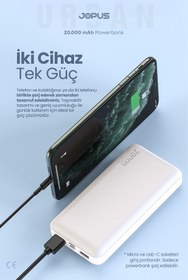 Resim Jopus 20000mAh Powerbank - Led Işık Göstergeli - Taşınabilir Şarj Cihazı - Beyaz JP-P10A 