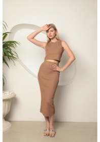 Resim Chıcnhappy Triko Kumaş Croplu Etek Kadın Takım Camel - %100 Polyester Camel 
