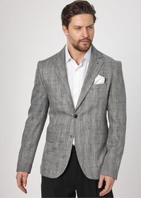 Resim Zenos Erkek Lacivert Keten Görnümlü İlkbahar-Yaz Ekose Blazer Ceket 