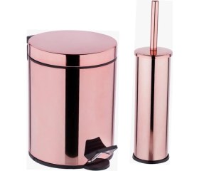 Resim Pazariz Rose Gold - Pembe Renk Banyo 5 Lt Pedallı Çöp Kovası + Klozet Fırçası Set 