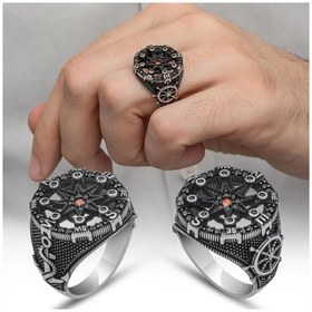 Resim Pusula Desenli Mikro Taşlı 925 Gümüş Erkek Yüzük 