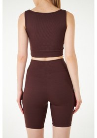 Resim Thiff Gymwear Yeşil Fitilli Kare Yaka Esnek Örme Crop Büstiyer Atlet Kahverengi 