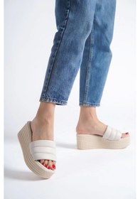 Resim Reına Dolgu Topuklu Ortopedik Taban Hasır Görünümlü Kadın Terlik Kt Krem Krem 