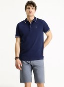 Resim Orta Lacivert Polo Yaka Slim Fit Dar Kesim Nakışlı Süprem Pamuklu Tişört Kigili