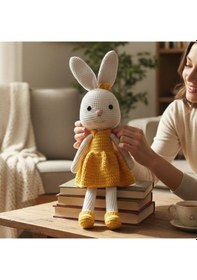 Resim Tığ İşi Amigurumi Tavşan %100 Pamuk El Yapımı Oyuncak 36 Cm Beyaz - Sarı 