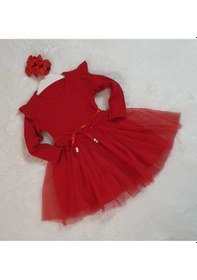 Resim Retro Women Kız Çocuk Kırmızı Pamuklu Tül Uzun Kol Özel Gün Doğum Günü Abiye Günlük Prenses Elbise Kırmızı 