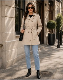 Resim ESİN GİYİM Kadın Casual Astarlı Kısa Trençkot - Kemerli Mevsimlik Ceket 