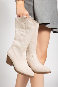 Resim mysticaluxe Shoes Kadın Bej Suni Süet Nakışlı Western Kovboy Cowgirl Bot Çizme M0010 
