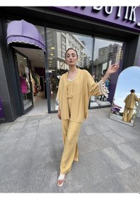 Resim Kol Detaylı Salaş Keten Kimono Safran Sarısı-101 Bej 