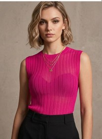 Resim Qoolest Transparan Fitilli Kolsuz Kadın Bluz Pembe 