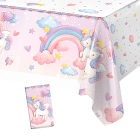 Resim 1 Adet Unicorn Doğum Günü Masa Örtüsü - Canlı Renkli Gökkuşağı, Unicorn & Bulut Desenli, Yıldızlar ve Çiçekler ile 1. Yaş Partisi Dekoru, Bebek Duşu, İlkbahar Yaz Temalı Parti Malzemeleri, Kolay Temizlik, Kutlama Süslemesi, Etkinlik Organizatörleri İçin Tek Kullanımlık Plastik Masa Örtüsü 