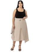 Resim Büyük Beden Asimetrik Kesim Kuşgözü Detaylı Tek Cepli Midi Bej Rengi Etek Bej 