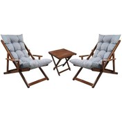 Resim Bysay Ahşap Katlanabilir Taşınır Puf Minderli Kollu Şezlong. Plaj, Bahçe İçin 3 Lü Set Ceviz-gri 