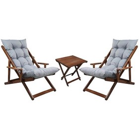 Resim Bysay Ahşap Katlanabilir Taşınır Puf Minderli Kollu Şezlong. Plaj, Bahçe İçin 3 Lü Set Ceviz-gri 