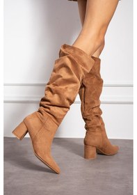 Resim Shoetek Annaliz Kadın Çizme Kalın Topuklu Körüklü Taba Süet TABA SÜET 