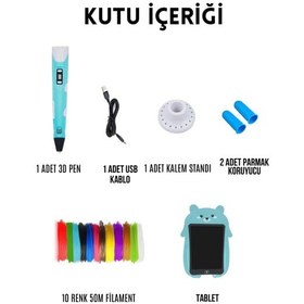 Resim Mavi 3D Kalem & Mavi Tavşan Grafik Panda Tablet Seti – 50 Metre Filament ve USB Kablo 