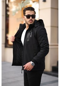 Resim Outdoor Kapüşonlu Su Ve Rüzgar Geçirmez Kapitone Içi Kürklü Elyaf Dolgulu Şişme Siyah Softshell Mont Siyah 