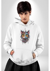 Resim Meksikalı Alebrije Kedi Fütüristik Kedi Kadın Erkek Beyaz Kapüşonlu Sweatshirt Hoodie Beyaz 