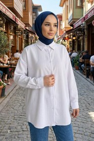 Resim adamila Kadın Kumaş Çizgili Tesettür Tunik Uzun Kollu Düğmeli Rahat Kalııp Günlük Ofis Yazlık Tesettür Tunik 