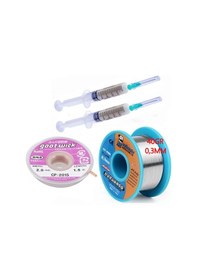 Resim Dörtlü Set Flux,lehim Emme Tel 2,0mm Ve Lehim Teli Soldering 63sn/37pb Flux %1-3 40gr 03mm 