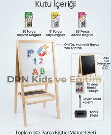 Resim Drn Kidsve Eğitim,manyetik Çift Taraflı Yazı Tahtası 147 Parça Magnet,15 Renkli Tebeşir Silgi ,kalem Ahşap 