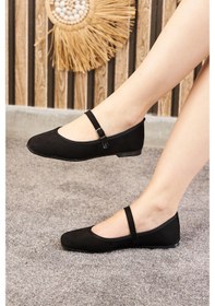 Resim Günlük Siyah Kadın Babet Oval Burun İnce Bant Tokalı Kemer Ortopedik Ev İş Ofis Hafif Ayakkabı M-506 Siyah Süet 