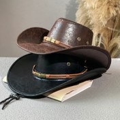 Resim Faux Deri Retro Etnik Batı Kowboy Şapkası Erkekler ve Kadınlar Dört Mevsim Açık Güneşlik Tibet Kafatası Kemer Jazz Şapkası 