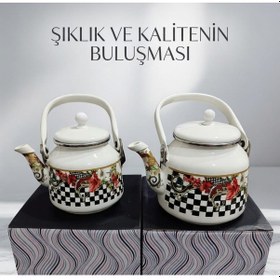 Resim Alev Emaye Çaydanlık Takımı Nostaljinin Modern Yorumu Beyaz - Siyah 