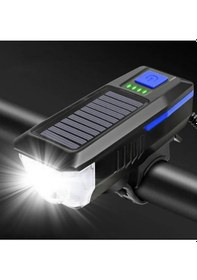 Resim Güneş Enerjili Usb Şarjlı Bisiklet Lambası Solar Fener Ön Far Işık Aydınlatma Kornalı Mavi 