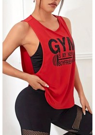 Resim Ghassy Co. Kadın Gym Baskılı Nefes Alabilen Fitness Yoga Koşu Kolsuz Spor Atlet Kırmızı 