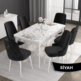 Resim Canisa Concept Noa Serisi,80 x 132 cm Açılabilir Mdf Masa,beyaz Mermer Desen Mutfak Masa Takımı, 6 Sandalye Gümüş Halkalı 