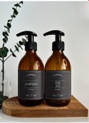Resim GO BLOBS 2'li Set 300ml Amber Kahverengi Cam Şişe Şampuan & Duş Jeli Siyah Etiketli 