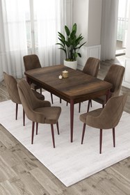 Resim Canisa Eta Serisi 80x132 Mdf Barok Ahşap Desenli Açılabilir Masa 6 Kahve Sandalye Mutfak Masa Takımı 